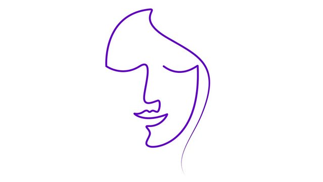 Animated violet linear face of a woman is gradually drawn. purple head of beautiful girl from ribbon. Single line. Concept of beauty. Looped video. Vector illustration isolated on white background.