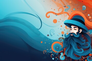 Jewish man in a hat with long blue beard. Abstract background for February 14: Purim 