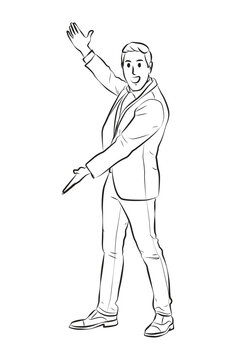 full length cheerful man presenting pose cartoon illustration