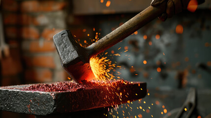 Close-up of blacksmith heavy hammer striking red hot piece of iron on an anvil. Blacksmithing, handwork, metal products. - obrazy, fototapety, plakaty