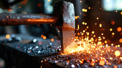 Closeup of blacksmith heavy hammer striking red hot piece of iron on an anvil. Blacksmithing, handwork, metal products. - obrazy, fototapety, plakaty