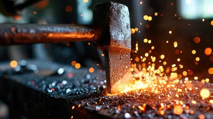 Foto op Plexiglas Closeup of blacksmith heavy hammer striking red hot piece of iron on an anvil. Blacksmithing, handwork, metal products. © SnowElf
