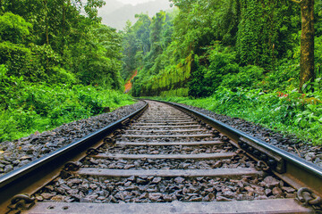 Railway tracks in the rainforest, Dudhsagar, India.