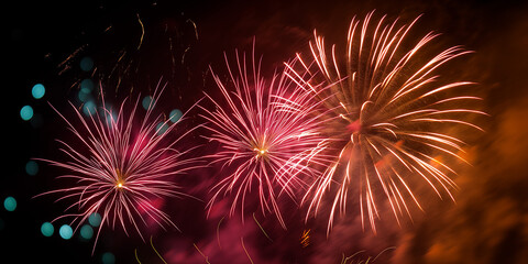 Feuerwerk in bunten Farben als Hintergrundmotiv und Webdesign im Querformat f&uuml;r Banner, ai generativ