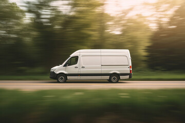Delivery in Motion: A White Van Speeding Through a Verdant Landscape.