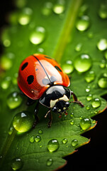 Fototapeta premium Ladybug on a green leaf with dew drops, a symbol of good luck and the beauty of nature's details