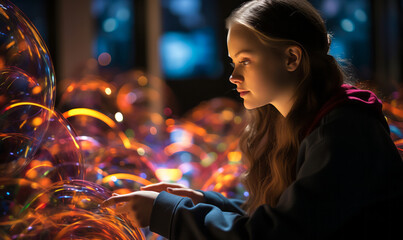 Young Woman Engrossed in Interactive Digital Art Installation, Exploring Abstract Light Patterns with Touch