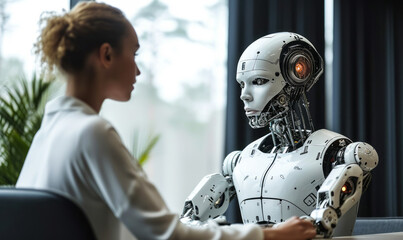 Professional consultation between human executive and robot in modern office setting