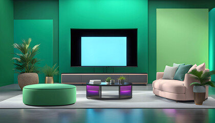 virtual 3D studio television set for color green television background. Design, creation, production and compositing of virtual sets. 3D computer animation for green screen solutions,