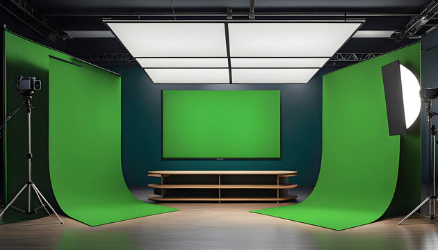 virtual 3D studio television set for color green television background. Design, creation, production and compositing of virtual sets. 3D computer animation for green screen solutions,
