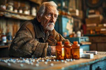 old man with his medicine - obrazy, fototapety, plakaty