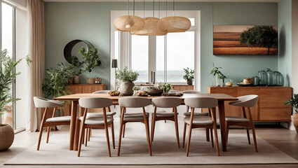 Obraz premium home interior design, Dining room with table and wooden chairs, Empty living room with wall, Panorama,