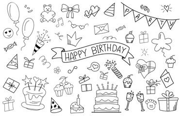 Birthday decoration doodle elements with handwritten  happy birthday. Balloons, gift box, cake with candles, confetti, party hats, cupcakes, flags with letters, hearts. Outline ribbon. 