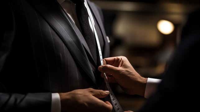 a person measuring a suit