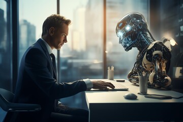 a man sitting at a desk with a robot - Powered by Adobe