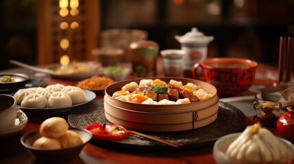 Fototapeta premium Accessories of Traditional Chinese lunar New Year dinner table, menu background with pork, fried fish, chicken, rice balls, dumplings, fortune cookie, nian gao cake, noodles, chinese decorations.