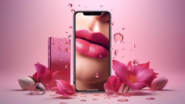 a cell phone with a picture of lips and flowers
