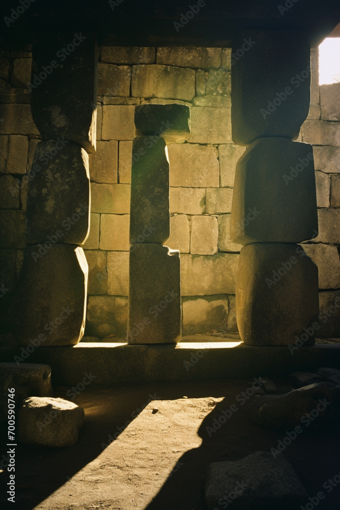 Poster The play of shadows and light on ancient stone structures, creating a mysterious aura.