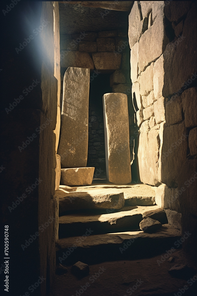 Poster The play of shadows and light on ancient stone structures, creating a mysterious aura.