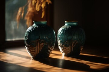A pair of vases on a sunlit table casting shadows on the wall. Generative AI - obrazy, fototapety, plakaty
