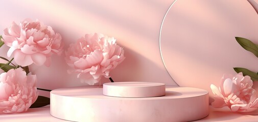 Obraz na płótnie Canvas Podium with Flower. flower. 3D podium display, pastel pink background with Peonies flower and palm leaf shadow. Minimal pedestal for beauty, cosmetic product. Holiday, feminine copy space template 
