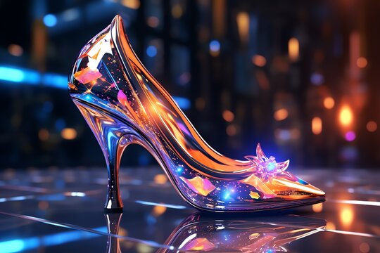 a shiny high heel shoe with a flower on it