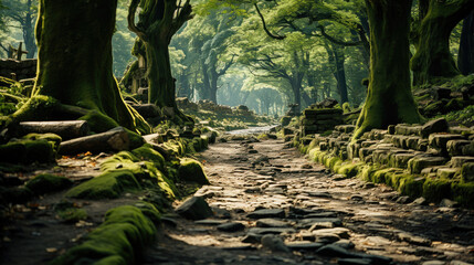 A serene moss-covered forest path bathed in sunlight, offering a peaceful and enchanting woodland scene.
