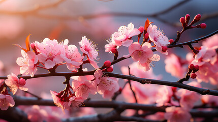 Close-up of pink cherry blossoms in bloom against a warm, sunlit background, embodying the freshness of spring.
