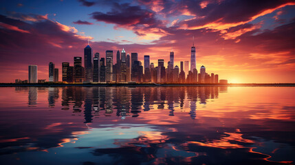 Stunning city skyline with skyscrapers reflected in the water at sunset, showing a vibrant and colorful urban view.