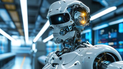 Fototapeta premium very detailed robot face or technological cyborg head - side view - AI Generated