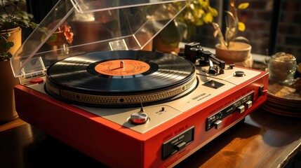 A vintage turntable playing a vinyl record in a cozy home setting with warm lighting and indoor...