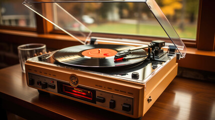A classic vinyl record player with a spinning record, capturing the essence of vintage audio...