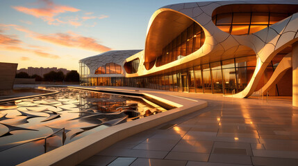 A stunning modern building with a unique design reflecting in water at sunset, showcasing...