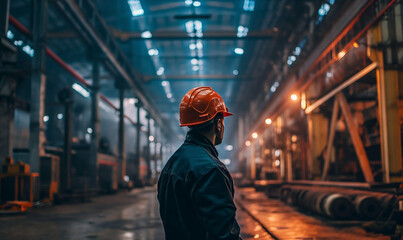 Industrial Engineers in Hard Hats.Work at the Heavy Industry Manufacturing Factory.industrial worker indoors in factory. man working in an industrial factory.Safety first concept