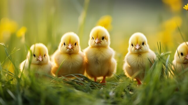 little yellow chickens sitting in green grass
