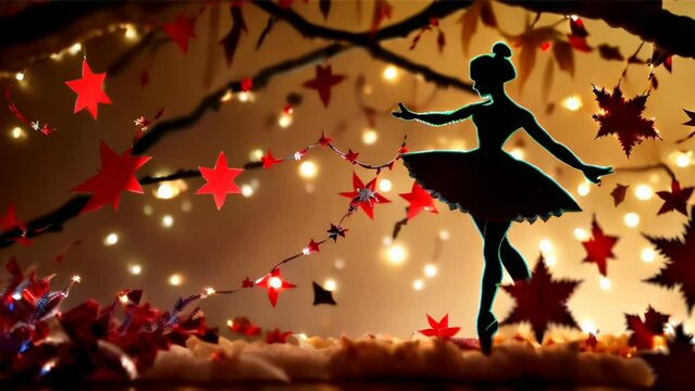 A silhouette of a ballerina strikes an elegant pose accompanied by star-shaped ornaments in a scene brimming with warm light.
