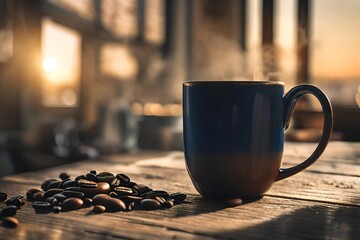 close up dark colored mug of coffee on a wooden counter , rustic interior , coffee advertising template