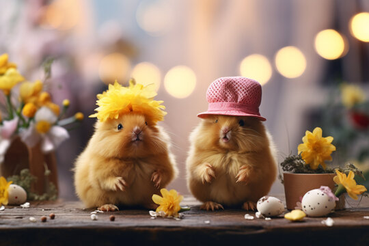 Two little hamsters are preparing for the coming of Easter. Happy Easter.