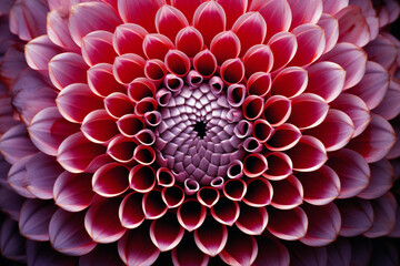 The mesmerizing symmetry of a dahlia captured in macro, highlighting the geometric precision of its petals in a burst of rich, deep colors.