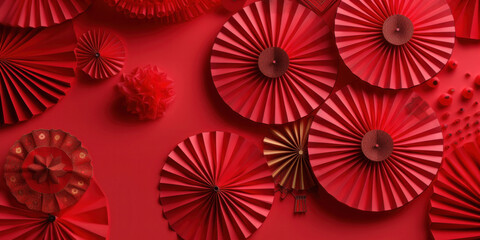 Chinese New Year celebration. Banner design with red paper fans decorations on red background..Chinese New Year celebration. Banner design with red paper fans decorations on red background..