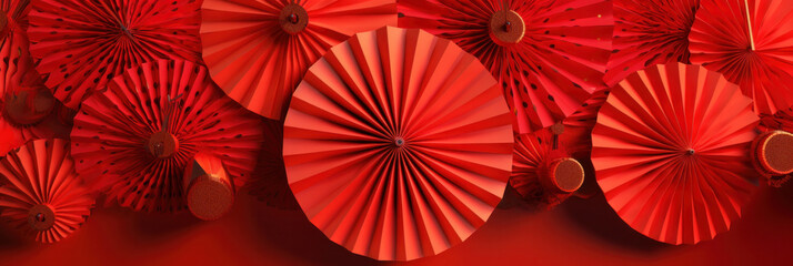 Fototapeta na wymiar Chinese New Year celebration. Banner design with red paper fans decorations on red background..Chinese New Year celebration. Banner design with red paper fans decorations on red background..