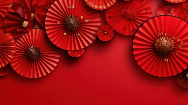 Chinese New Year celebration. Banner design with red paper fans decorations on red background..Chinese New Year celebration. Banner design with red paper fans decorations on red background..