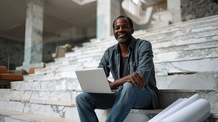 Smiling architect sitting with laptop and blueprints on steps at site
