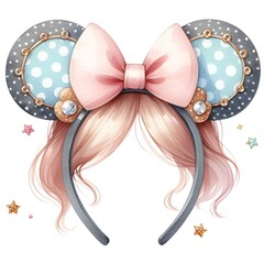 watercolor headband with mouse ears and bow isolated on white background
