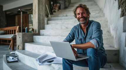 Fototapeta premium Smiling architect sitting with laptop and blueprints on steps at site 