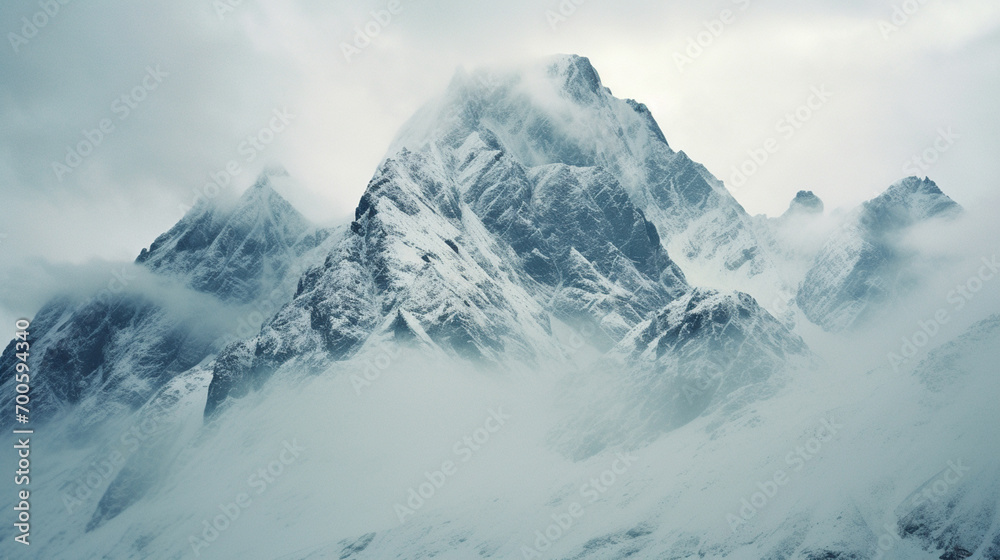 Aufkleber a dramatic graphic representation of snow-capped peaks piercing the clouds, creating an atmosphere o