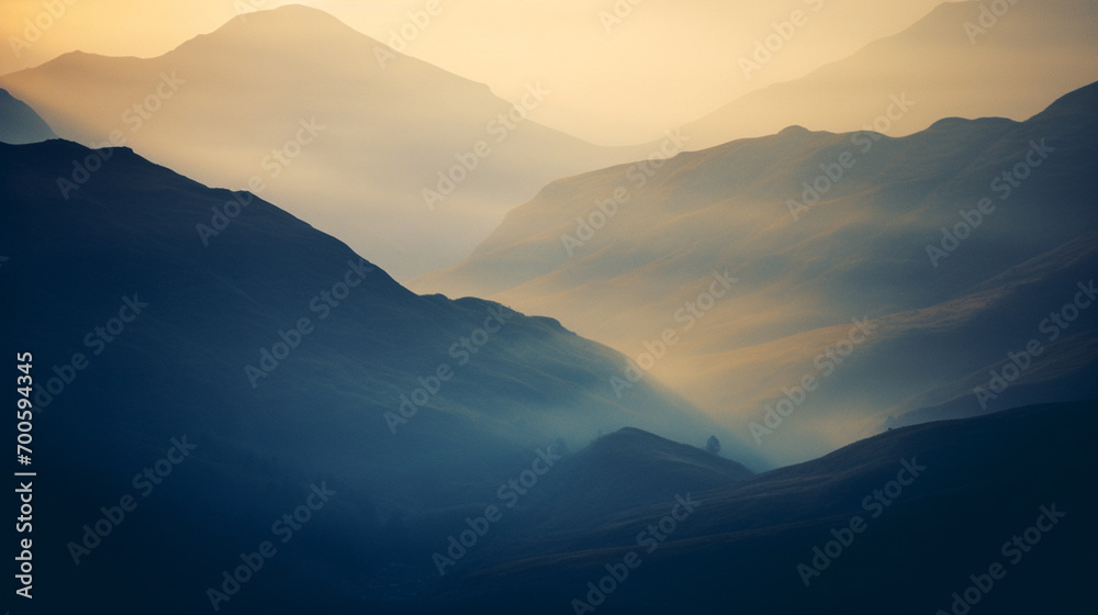 Poster an abstract graphic interpretation of mountain silhouettes at dawn, showcasing the play of light and