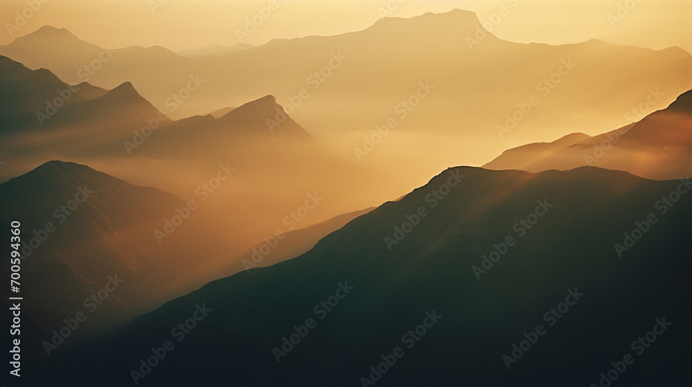 Poster an abstract graphic interpretation of mountain silhouettes at dawn, showcasing the play of light and