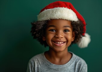 Happy African American kid wearing Santa hat in Christmas background