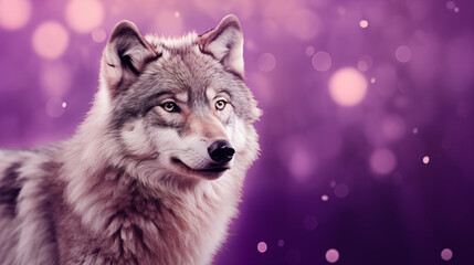 lobo cinzento isolado em um fundo roxo, lilás e lavanda com luzes desfocadas - Fundo de tela 